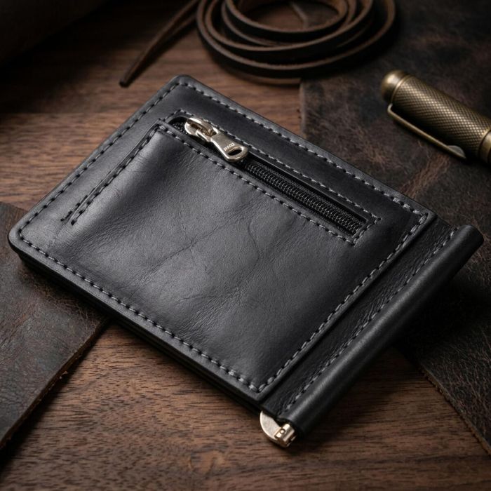 Стильное портмоне с зажимом для денег без застежки винтажное GRANDE PELLE 11296 Черное