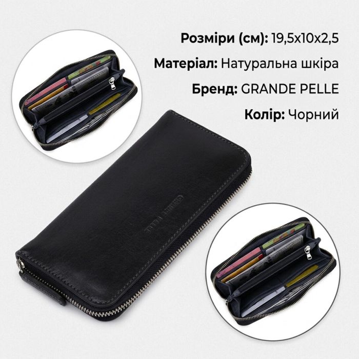Кожаный женский кошелек на молнии GRANDE PELLE 11562 Черный