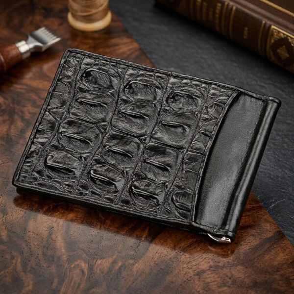 Зажим CROCODILE LEATHER 18169 из натуральной кожи крокодила Черный