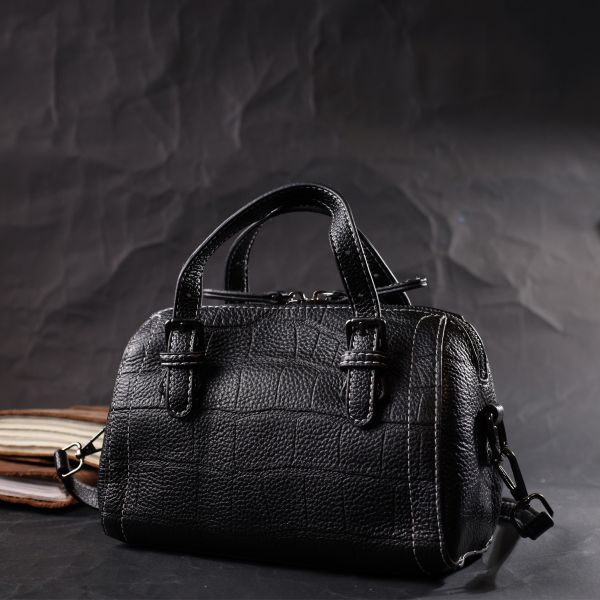Миниатюрная женская сумка с двумя ручками из натуральной кожи Vintage 22358 Черная