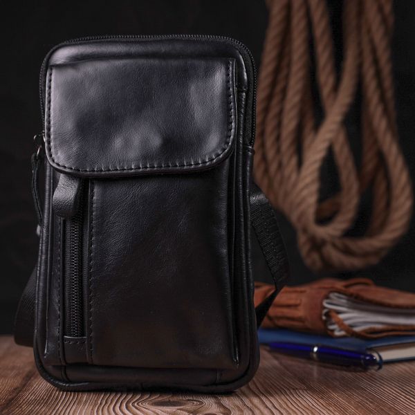 Вертикальная мужская сумка на пояс из натуральной кожи Vintage 22563 Черный