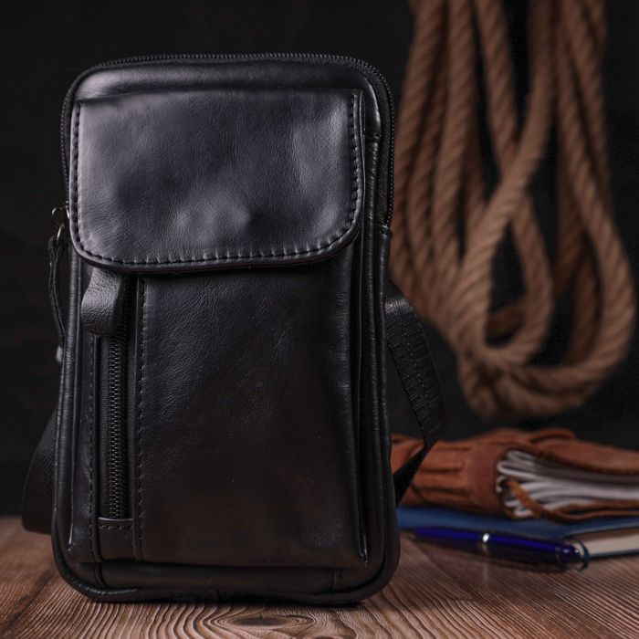 Вертикальная мужская сумка на пояс из натуральной кожи Vintage 22563 Черный