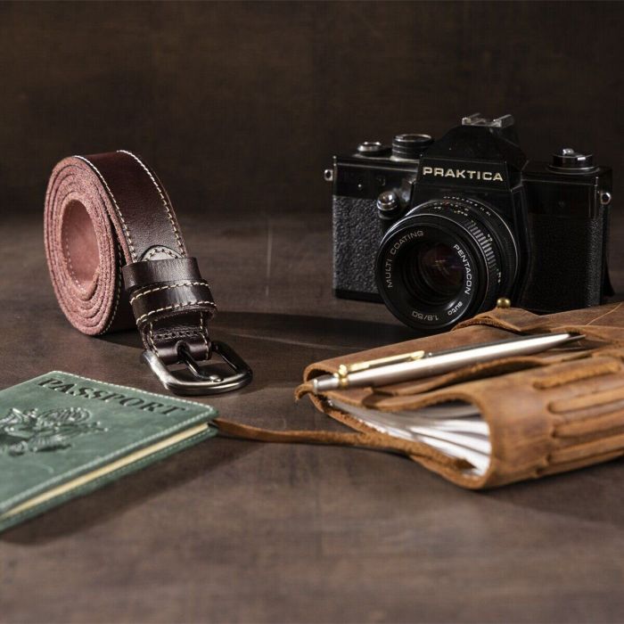 Ремень унисекс со строчкой по краям Vintage 20125 Темно-коричневый