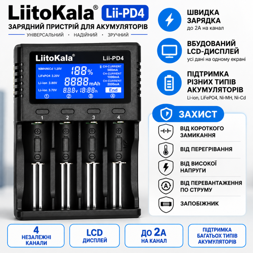 Зарядний пристрій LiitoKala Lii-PD4 для акумуляторів 18650, 21700, Li-ion, LiFePO4, Ni-MH та Ni-Cd