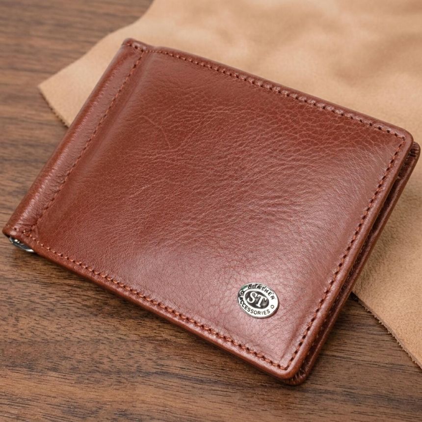 Удобный зажим для денег из натуральной гладкой кожи ST Leather 19427 Коричневый