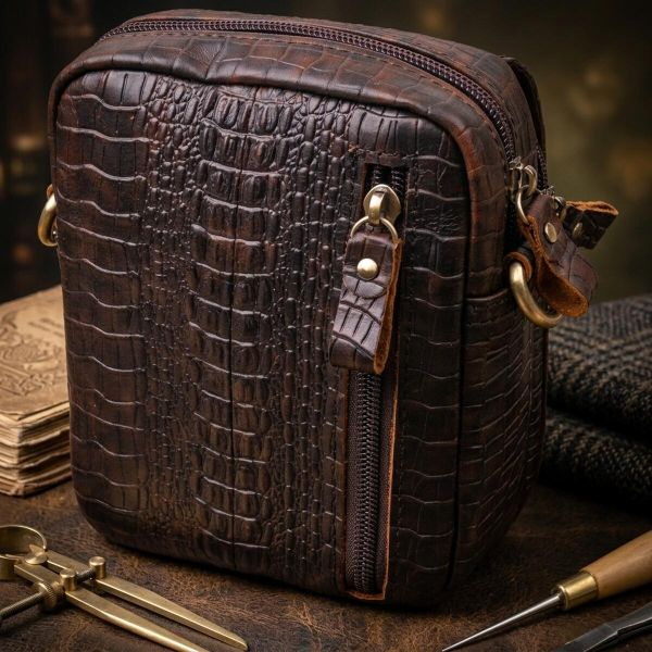 Фактурная мужская сумка из натуральной кожи с тиснением под крокодила 21300 Vintage Коричневая
