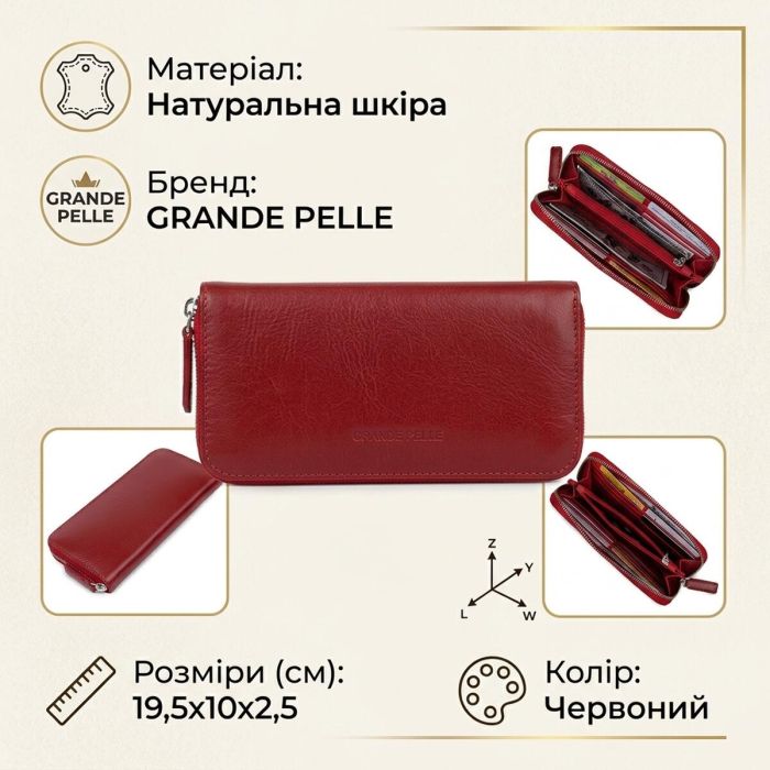 Стильний шкіряний жіночий гаманець на блискавці GRANDE PELLE 11563 Червоний