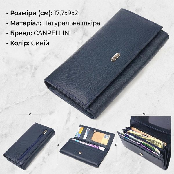 Практичний жіночий гаманець із натуральної зернистої шкіри CANPELLINI 21659 Синій