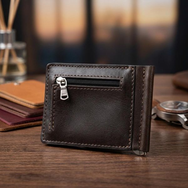 Кожаный мужской зажим для денег с монетницей GRANDE PELLE 11547 Коричневый