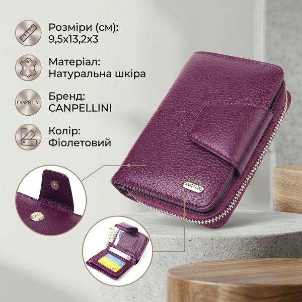 Практичное вертикальное портмоне для женщин с монетницей на молнии из натуральной кожи флотар CANPELLINI 21601 Фиолетовое
