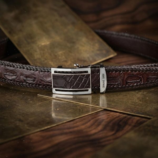 Ремень-автомат CROCODILE LEATHER 18171 из натуральной кожи крокодила Коричневый