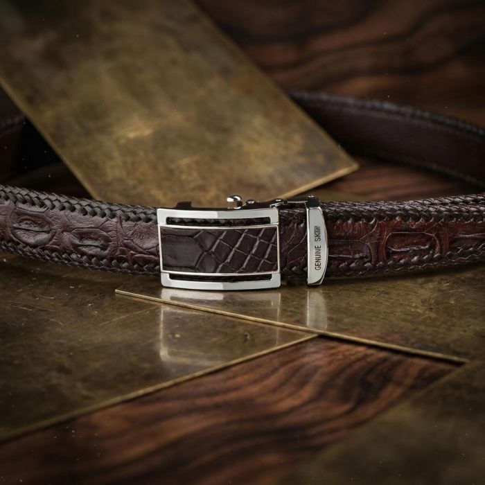 Ремень-автомат CROCODILE LEATHER 18171 из натуральной кожи крокодила Коричневый
