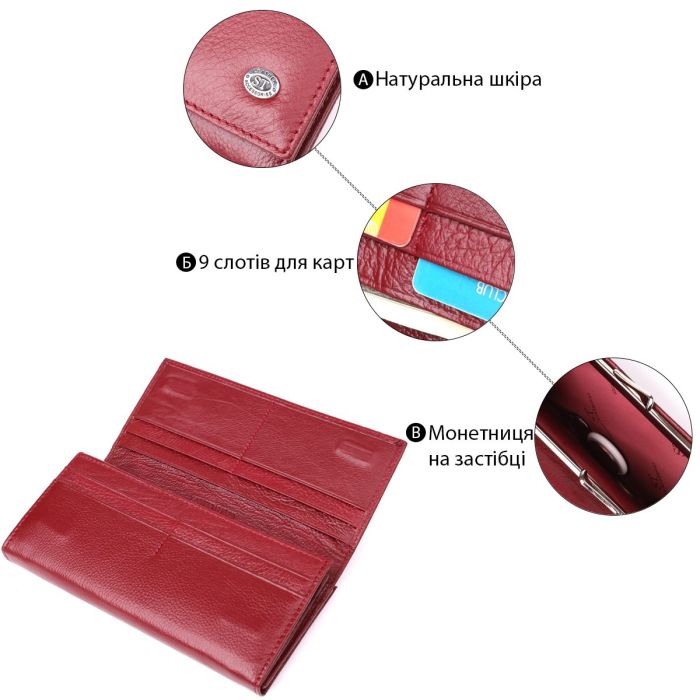 Элегантный кошелек для женщин с монетницей из натуральной кожи ST Leather 23107 Бордовый