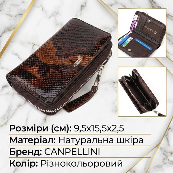 Отличное лакированное женское портмоне среднего размера из натуральной кожи с тиснением под змею CANPELLINI 21714 Разноцветное