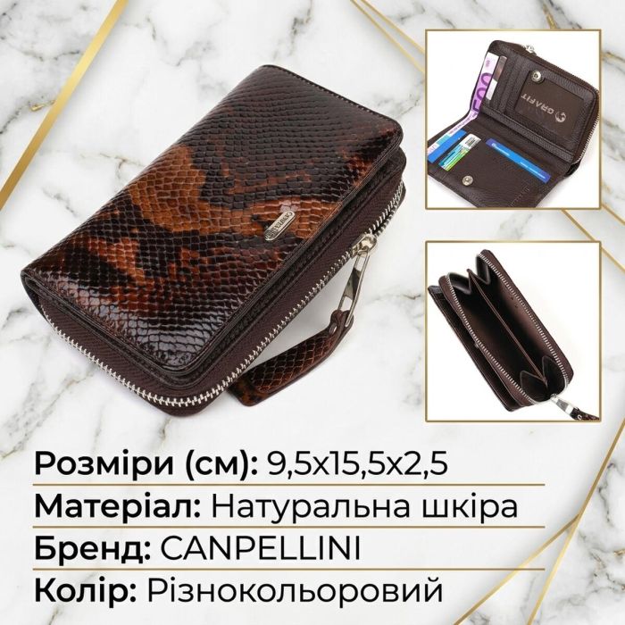 Отличное лакированное женское портмоне среднего размера из натуральной кожи с тиснением под змею CANPELLINI 21714 Разноцветное