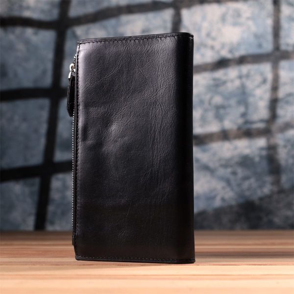 Вертикальный стильный кошелек из гладкой натуральной кожи Vintage 22885 Черный