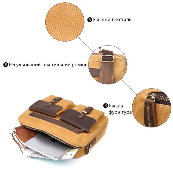 Стильный портфель из качественного текстиля из кожаными вставками Vintage 20874_1 Светло-коричневый