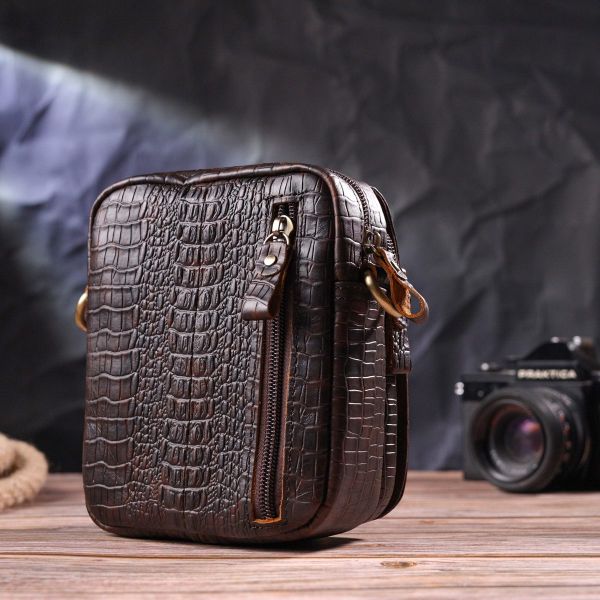 Фактурная мужская сумка из натуральной кожи с тиснением под крокодила 21300 Vintage Коричневая