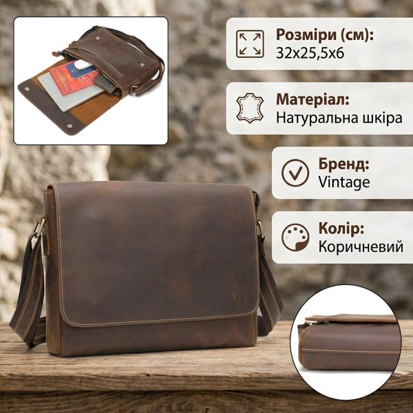 Сумка мужская crazy horse Vintage 14780 Коричневая