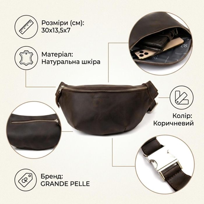 Бананка в винтажной коже GRANDE PELLE 11154 Коричневая