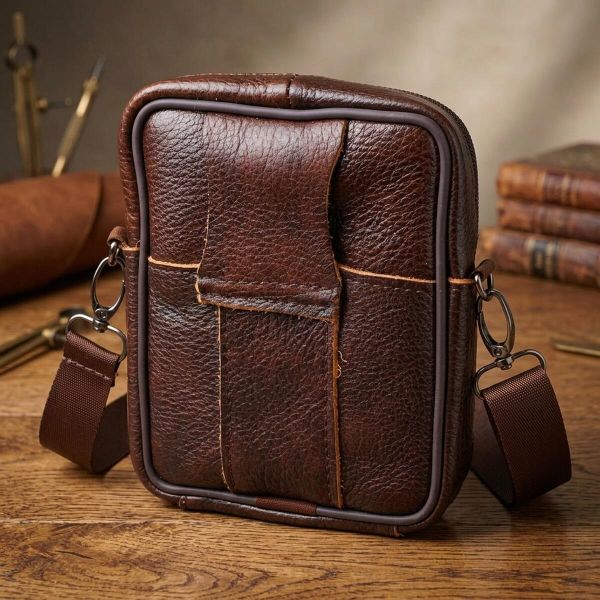 Компактная сумка мужская на пояс из натуральной кожи 21484 Vintage Коричневая