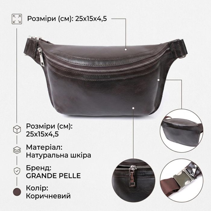 Стильная бананка для мужчин из натуральной кожи GRANDE PELLE 22814 Коричневый