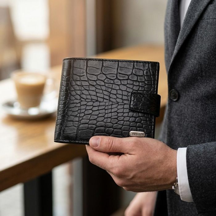 Удобный мужской бумажник из натуральной фактурной кожи с тиснением под крокодила CANPELLINI 21790 Черный