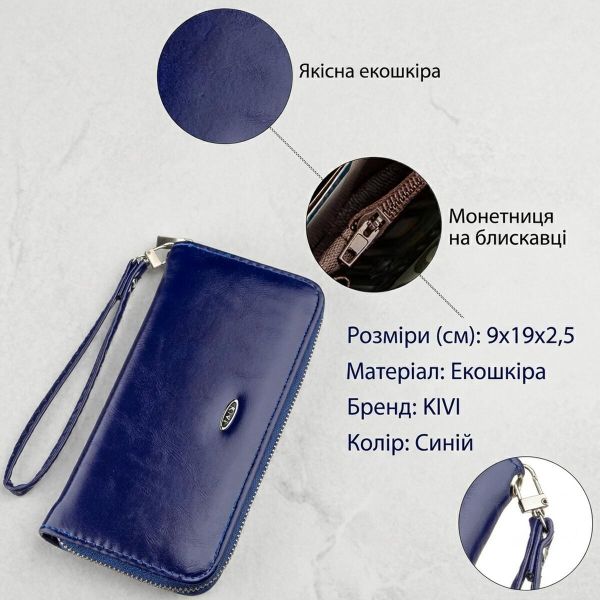 Кошелек женский на одну молнию из экокожи гладкий KIVI 19036 Синий