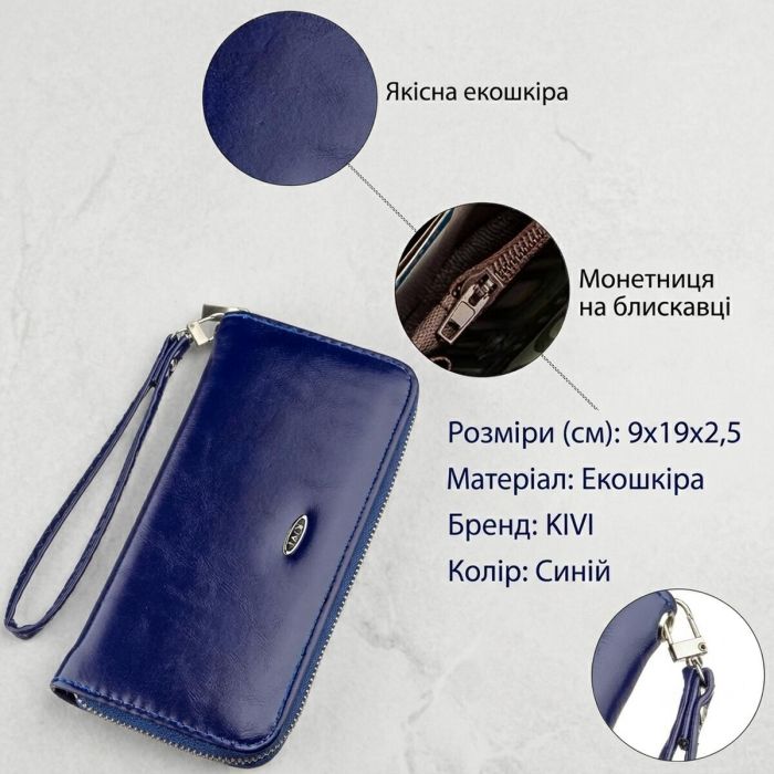 Кошелек женский на одну молнию из экокожи гладкий KIVI 19036 Синий