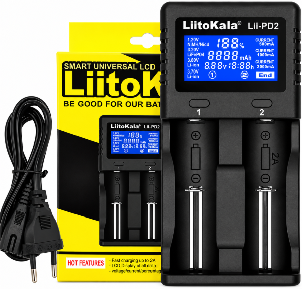 Зарядний пристрій LiitoKala Lii-PD2 для акумуляторів 18650, 21700, Li-ion, LiFePO4, Ni-MH та Ni-Cd