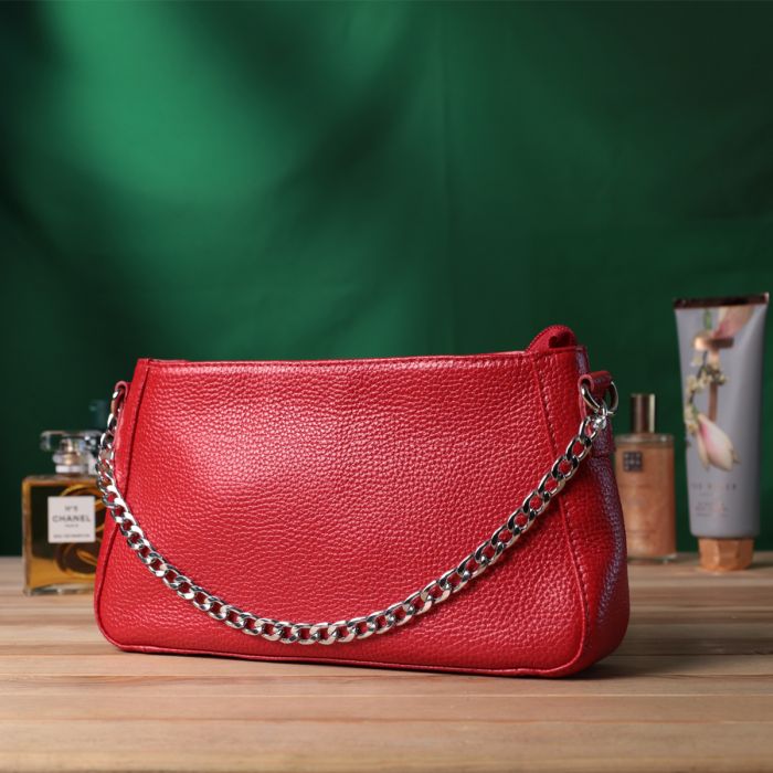 Яркая сумка багет с цепочкой и съемным ремешком из натуральной кожи Shvigel 22836 Красная