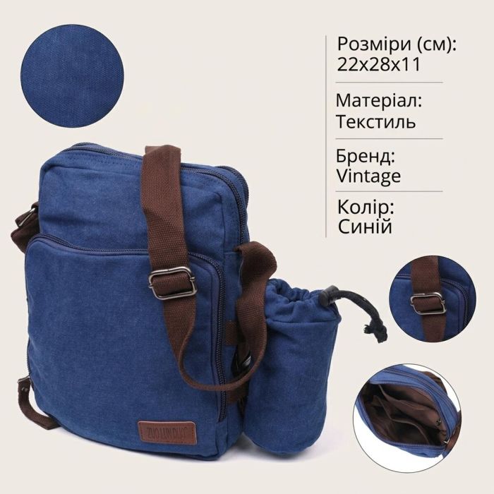 Мужская текстильная сумка с чехлом для воды Vintage 22211 Синий