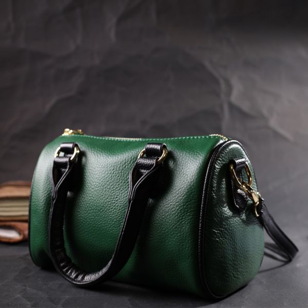 Кожаная сумка бочонок с темными акцентами Vintage 22351 Зеленая