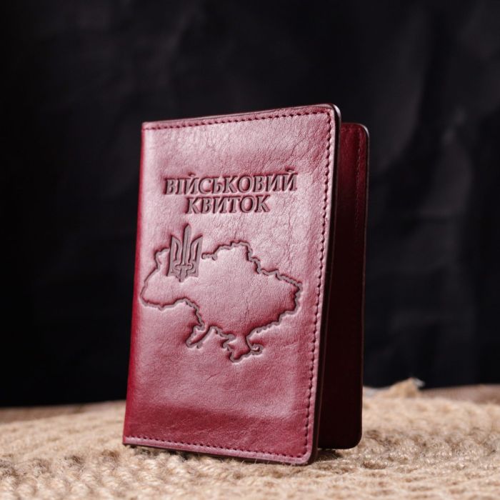 Женская обложка на военный билет из глянцевой кожи Карта GRANDE PELLE 16779 Бордовая