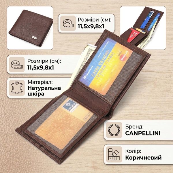 Практичный кошелек для мужчин в два сложения из натуральной кожи флотар CANPELLINI 21586 Коричневый