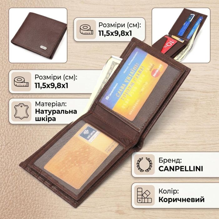Практичный кошелек для мужчин в два сложения из натуральной кожи флотар CANPELLINI 21586 Коричневый