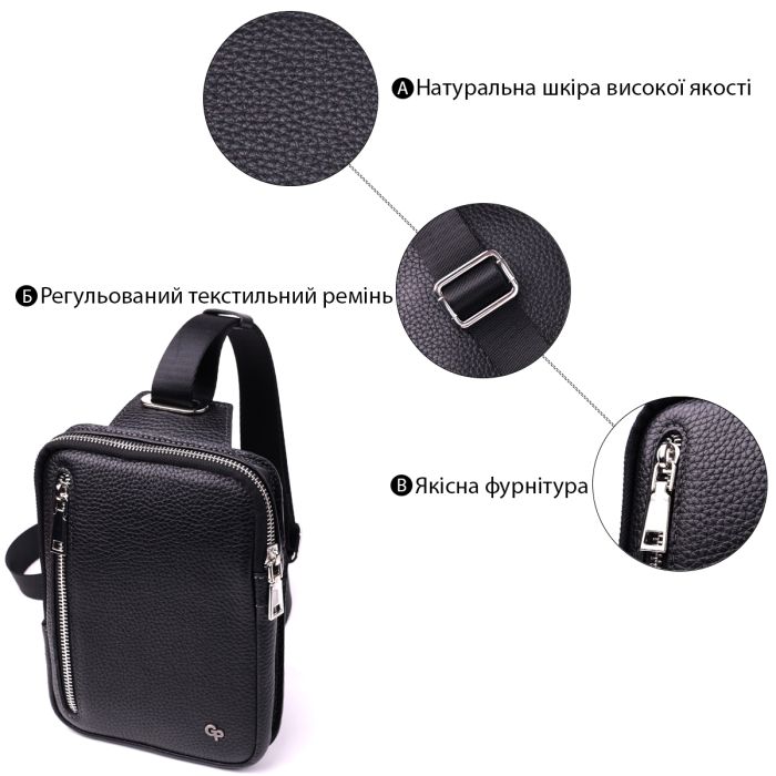 Прямоугольная сумка бананка из качественной натуральной кожи GRANDE PELLE 22877 Черный