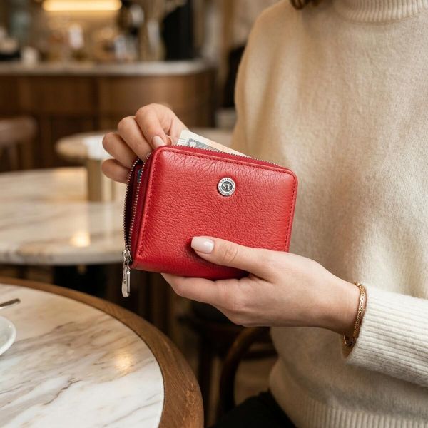 Кожаный женский кошелек на молнии с металлическим логотипом производителя ST Leather 19484 Красный