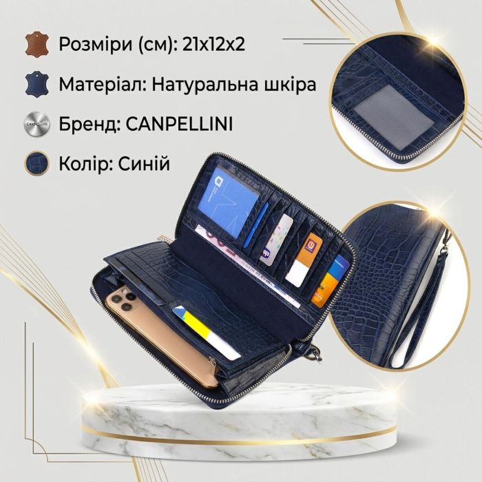 Удобный клатч для женщин из натуральной кожи с тиснением под крокодила CANPELLINI 21922 Синий