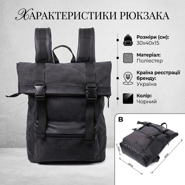 Текстильный рюкзак для ноутбука работы учебы и города FABRA 22583 Черный