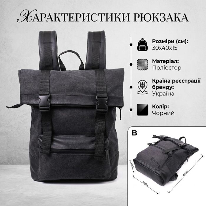 Текстильный рюкзак для ноутбука работы учебы и города FABRA 22583 Черный