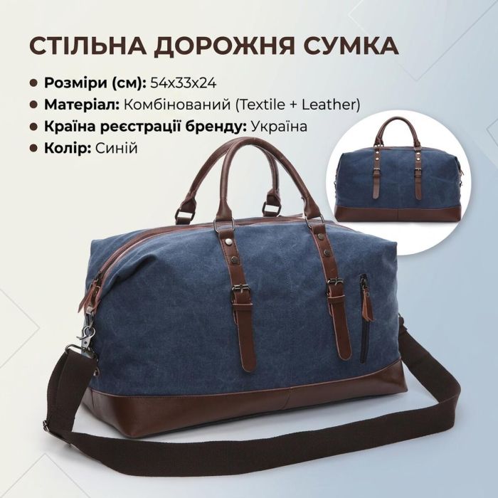 Текстильная дорожная сумка для поездок спорта и путешествий Vintage 20083 Синяя