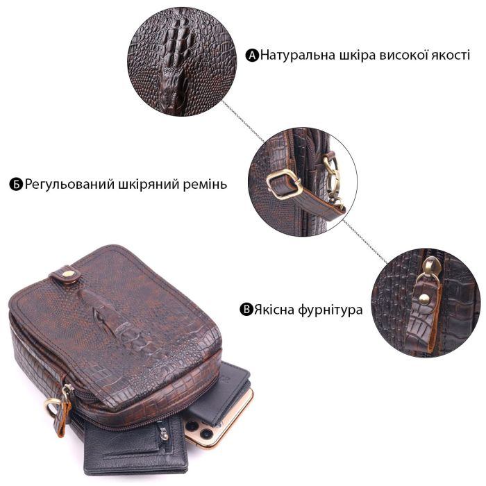 Фактурная мужская сумка из натуральной кожи с тиснением под крокодила 21300 Vintage Коричневая