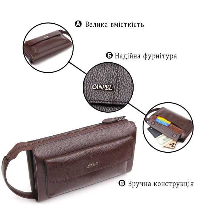 Красивый мужской клатч из натуральной зернистой кожи CANPELLINI 21559 Коричневый
