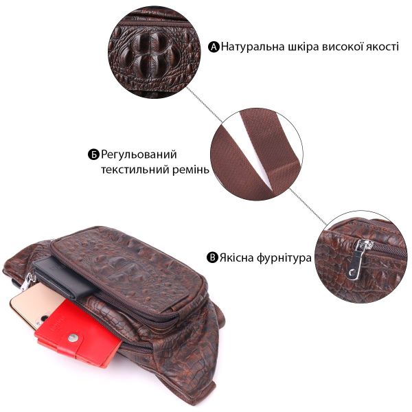 Модная поясная сумка из натуральной кожи с фактурой под крокодила 21298 Vintage Коричневая