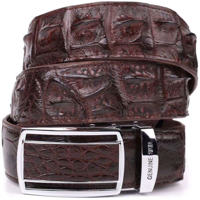 Ремень-автомат CROCODILE LEATHER 18235 из натуральной кожи крокодила (каймана) Коричневый