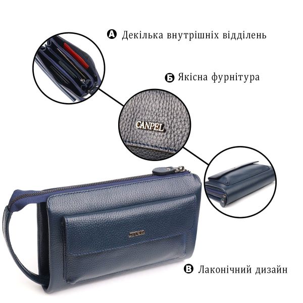 Современный мужской клатч из натуральной зернистой кожи CANPELLINI 21558 Синий
