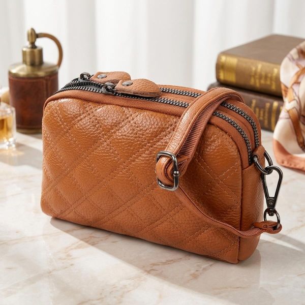 Стильная женская сумка прошита ромбами на лицевой стороне из натуральной кожи Vintage 22809 Рыжий