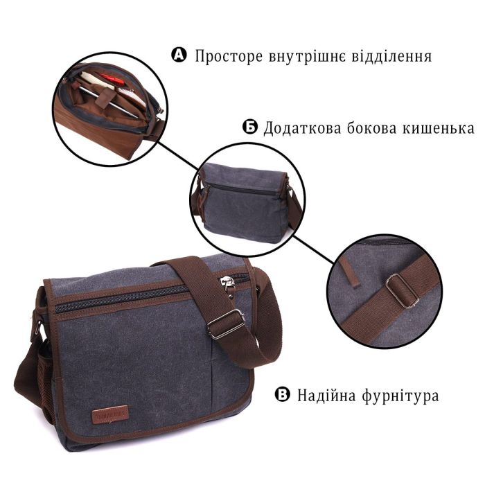 Сумка через плечо для ноутбука 13" из плотного текстиля Vintage 22200 Черный