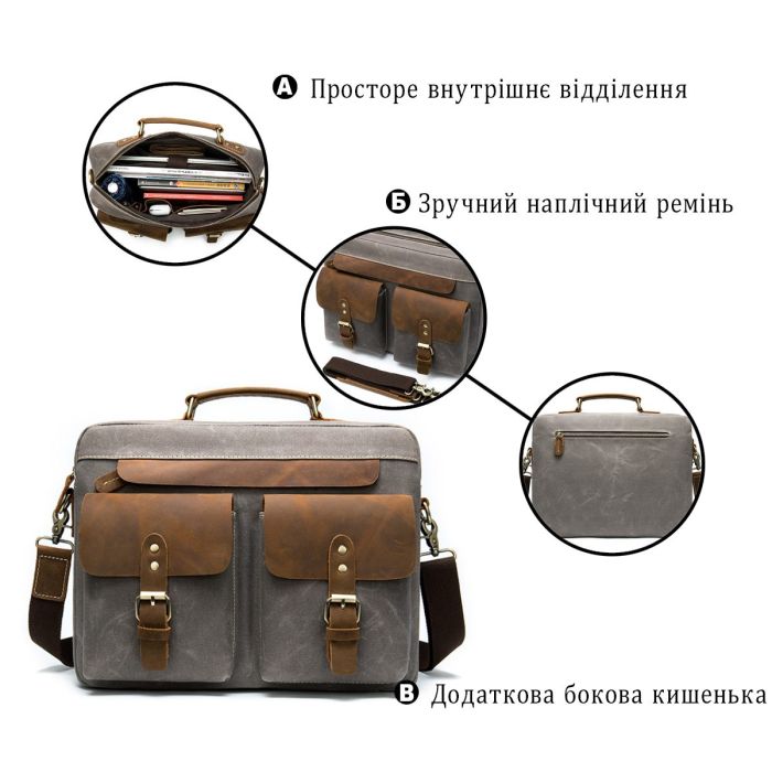 Сумка-портфель мужская текстильная с кожаными вставками Vintage 20001 Cерая